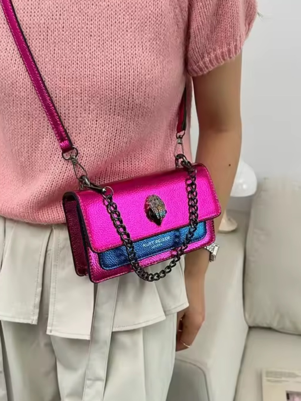 Kurt Geiger Metallic Fuchsia and Blue Small Chain Crossbody